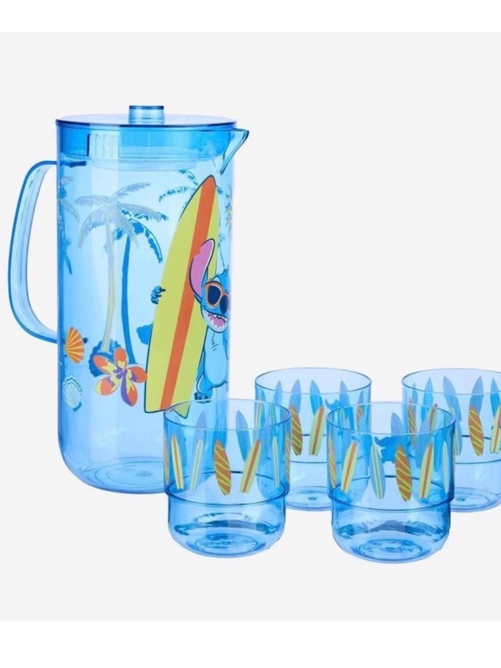 Disney Blue Stitch Tropical Plastic Pitcher and Matching Cup Set